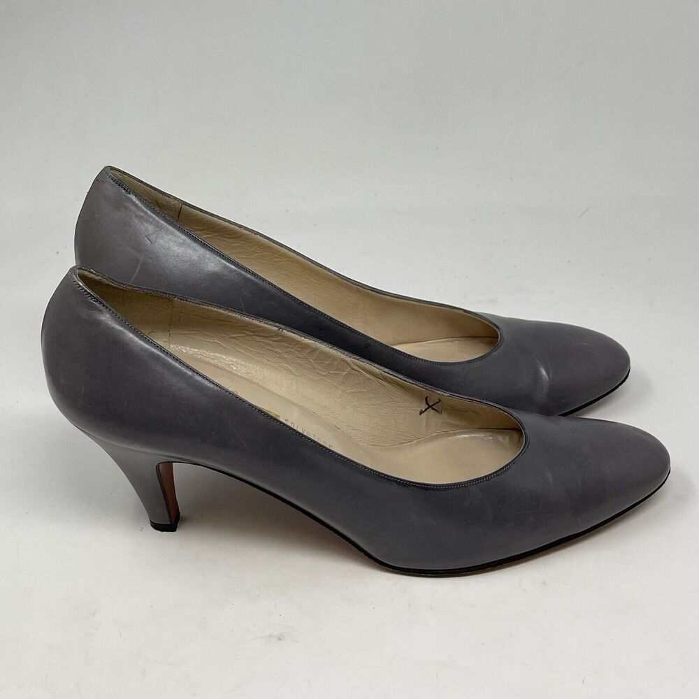 Salvatore Ferragamo Shoes Womens 10 AAA Narrow Gray Leather Pumps Made in Italy